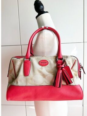Coach Legacy Haley Satchel Signature Print With Coral Leather Accent Bag Tassel